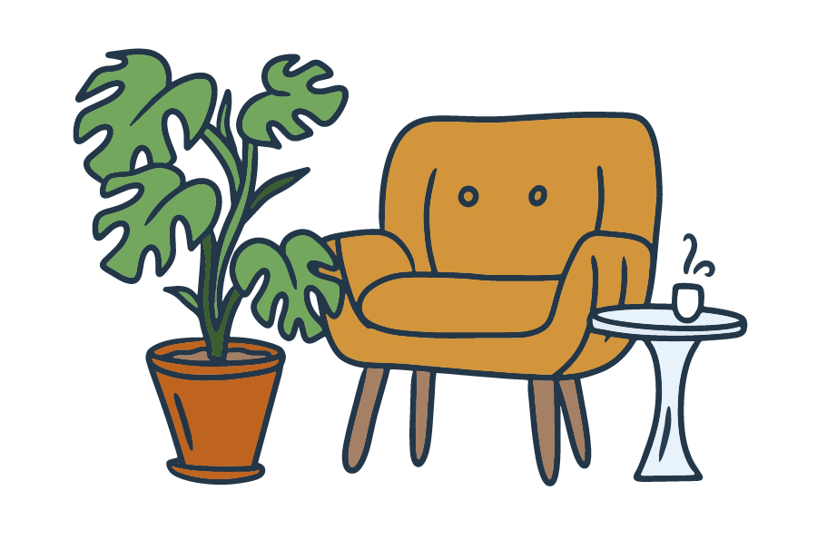 Illustration of an armchair, a potted plant and a cup of coffee on a side table