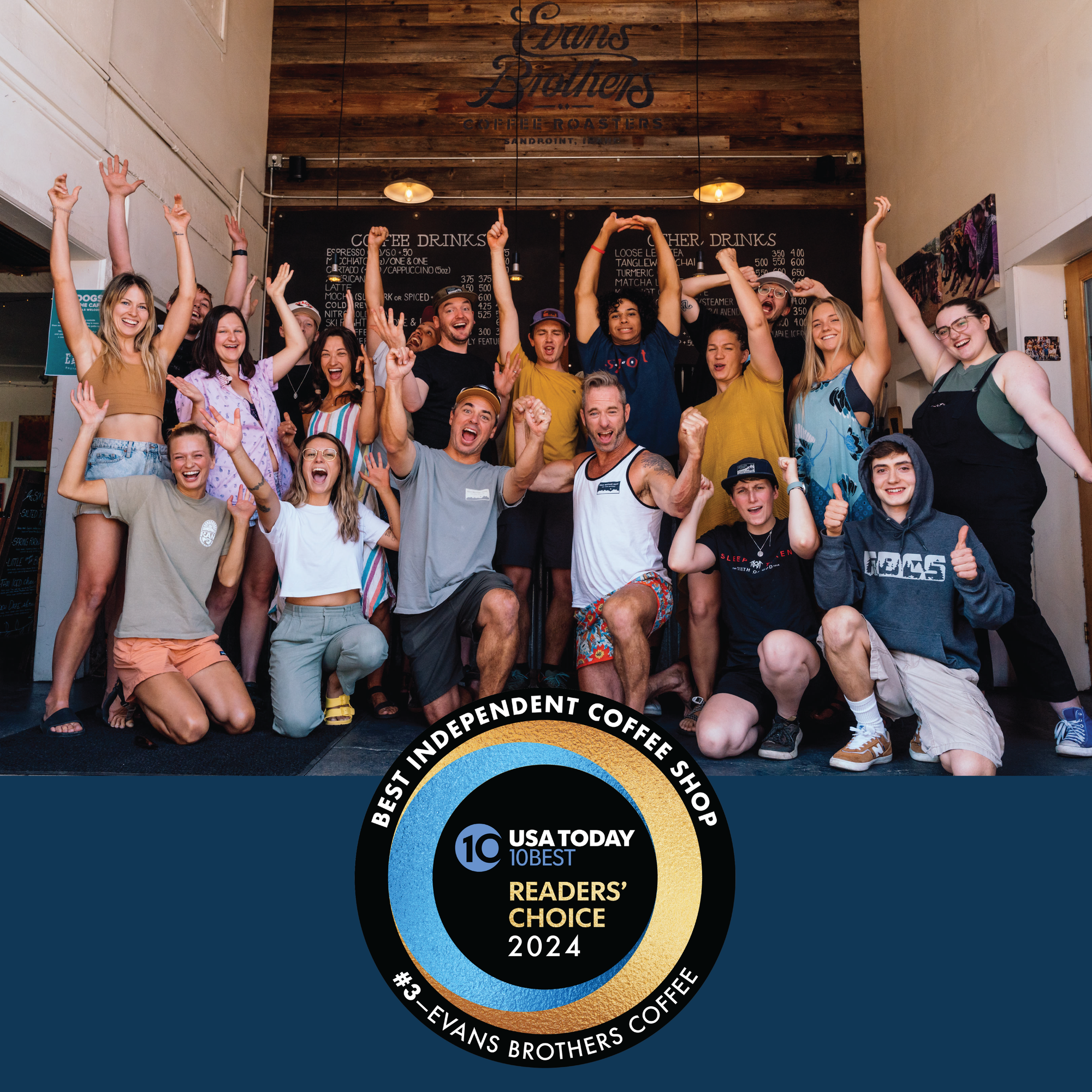 The Evans Brothers team celebrating USA Today's 2024 Readers' Choice award for best independent coffee shop