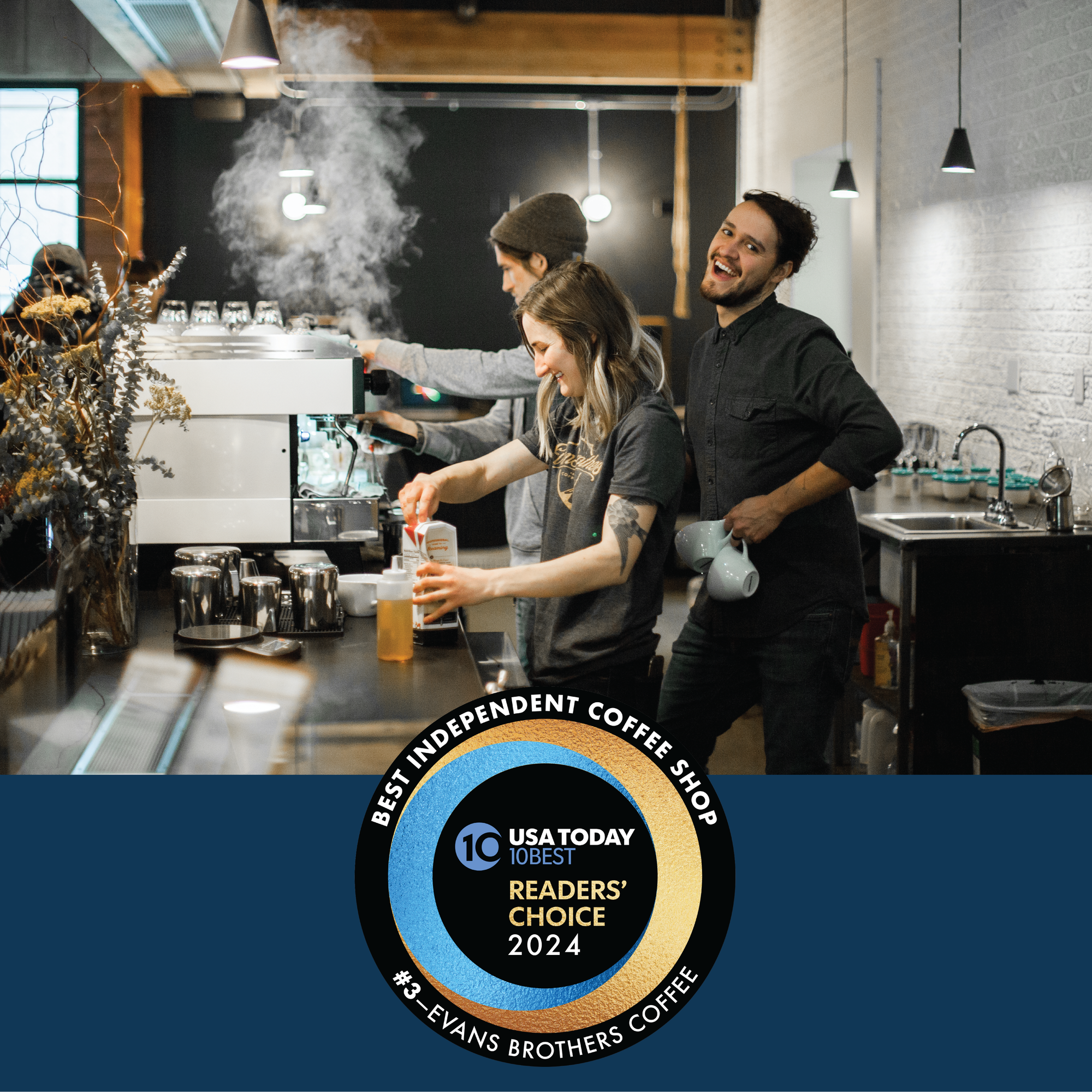 Baristas making drinks at the espresso bar in the Coeur d'Alene café