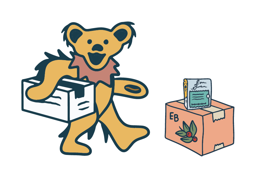 Evans Brothers bear mascot carrying a box of fresh-roasted coffee